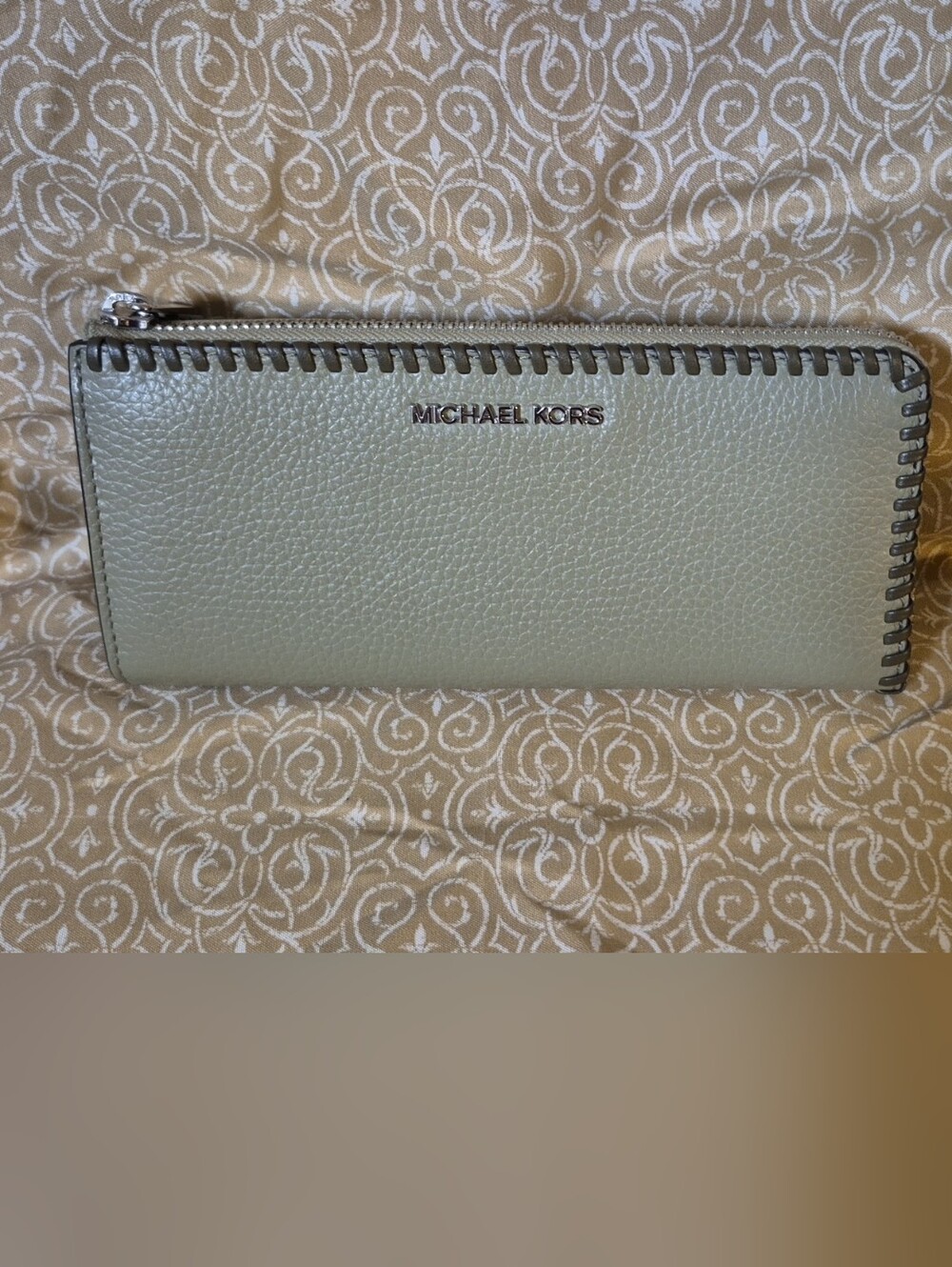 Michael Kors Sage Green Pebbled Zip Wallet with Whipstitch Trim